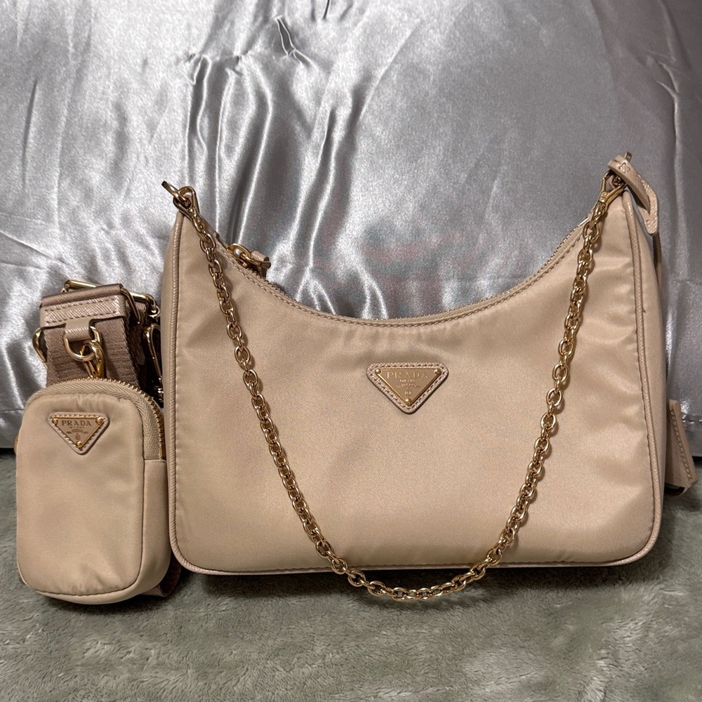 Prada Beige Shoulder Bag with Gold Chain